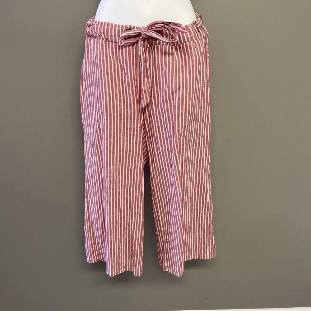 Michael Michael Kors Women Muted Red White StripePull-on Linen Blend Pants Sz 4